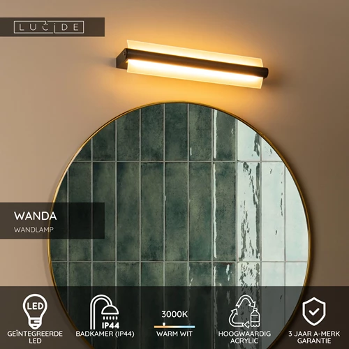 Lucide WANDA - Wandlamp Badkamer - LED - 1x15W 3000K - IP44 - Zwart - USP